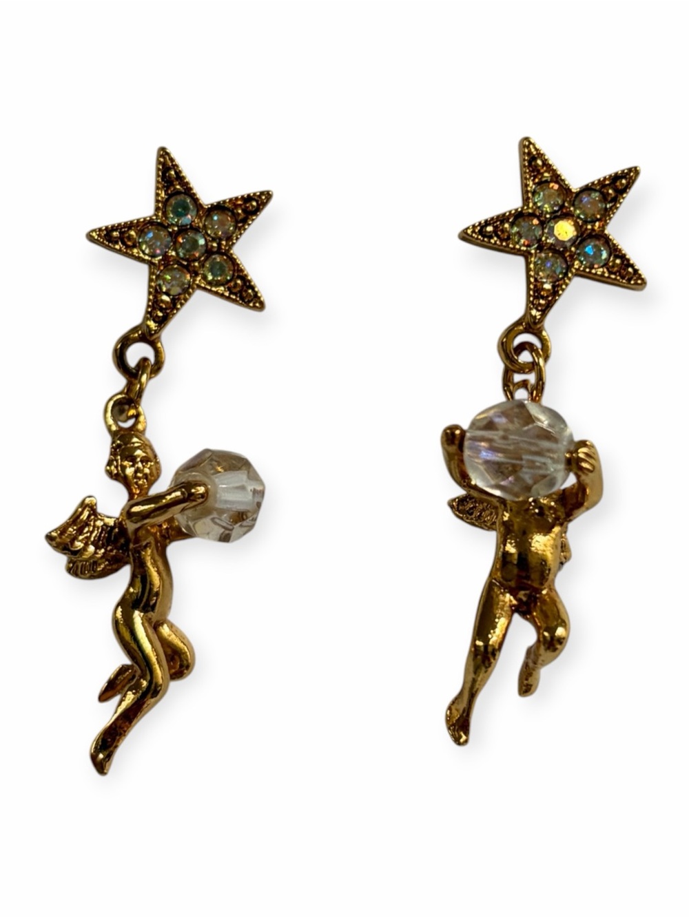 Kirks Folly Cherub Star Pierced Drop Earrings Gold Tone Crystal Angel Celestial